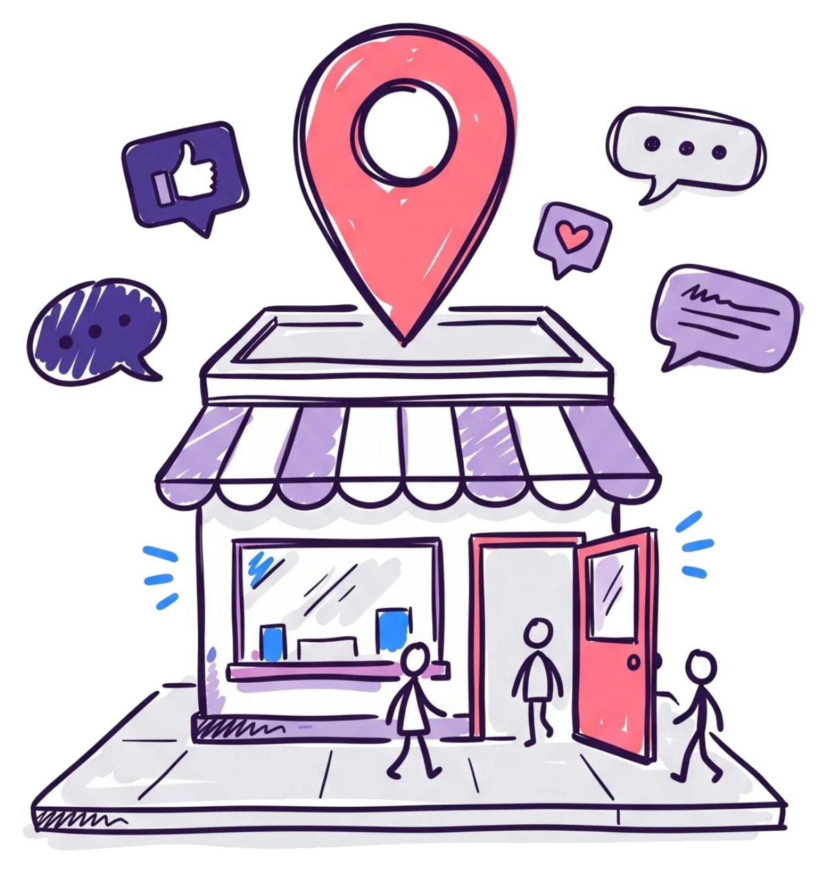 A local shop with a map pin above it and customers walking in, surrounded by social media likes and messages